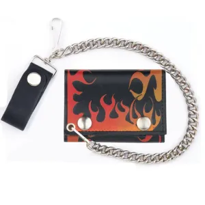 Flames - Genuine Leather Tri-Fold Wallet w/12" wallet chain (#wallet013)