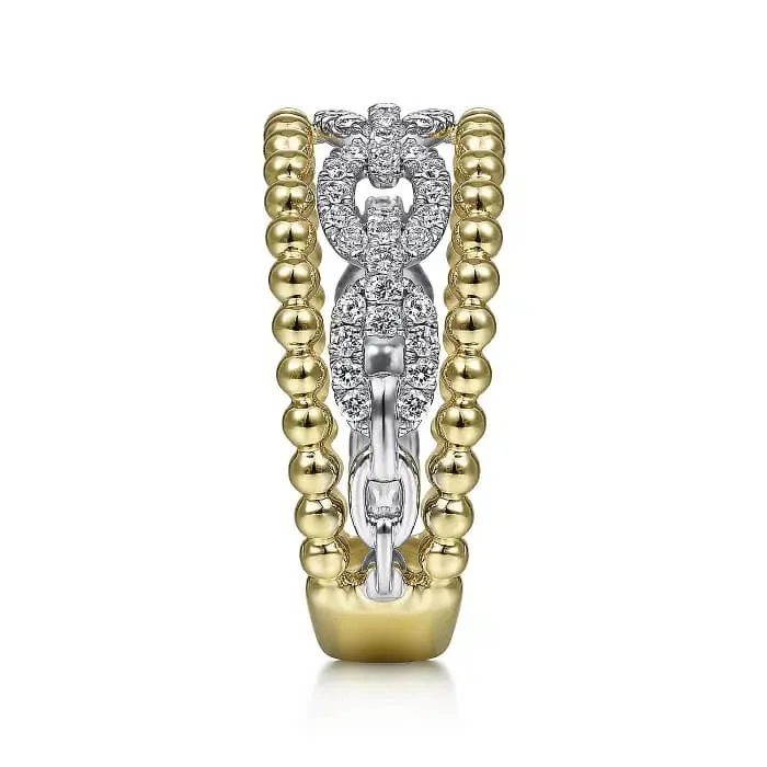 Gabriel 14K White-Yellow Gold Pave Diamond Link and Bujukan Bead Ring LR51783M45JJ