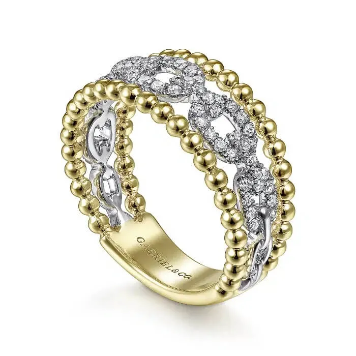 Gabriel 14K White-Yellow Gold Pave Diamond Link and Bujukan Bead Ring LR51783M45JJ