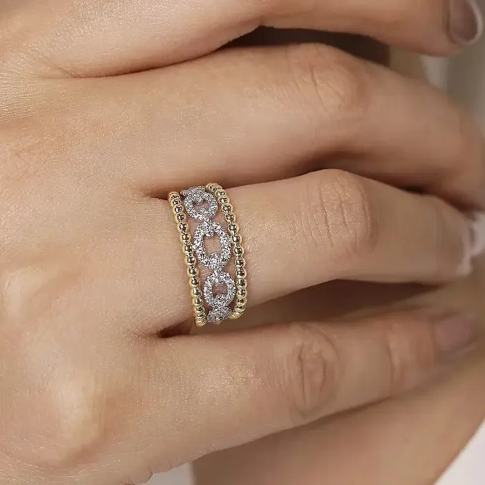 Gabriel 14K White-Yellow Gold Pave Diamond Link and Bujukan Bead Ring LR51783M45JJ