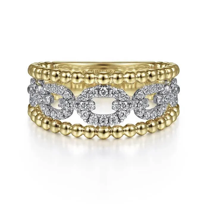 Gabriel 14K White-Yellow Gold Pave Diamond Link and Bujukan Bead Ring LR51783M45JJ