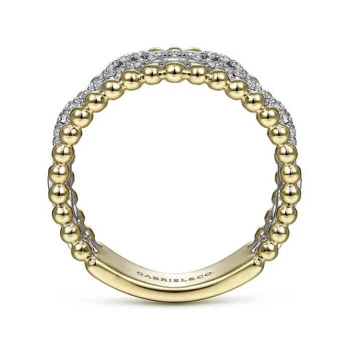 Gabriel 14K White-Yellow Gold Pave Diamond Link and Bujukan Bead Ring LR51783M45JJ