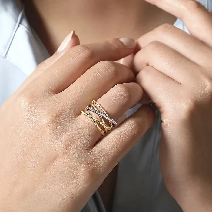 Gabriel & Co. Two-Tone Bujukan Ball and Diamond Criss Cross Ring LR52202M45JJ