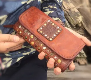 Genuine leather cow skin rivet long purse handmade for women