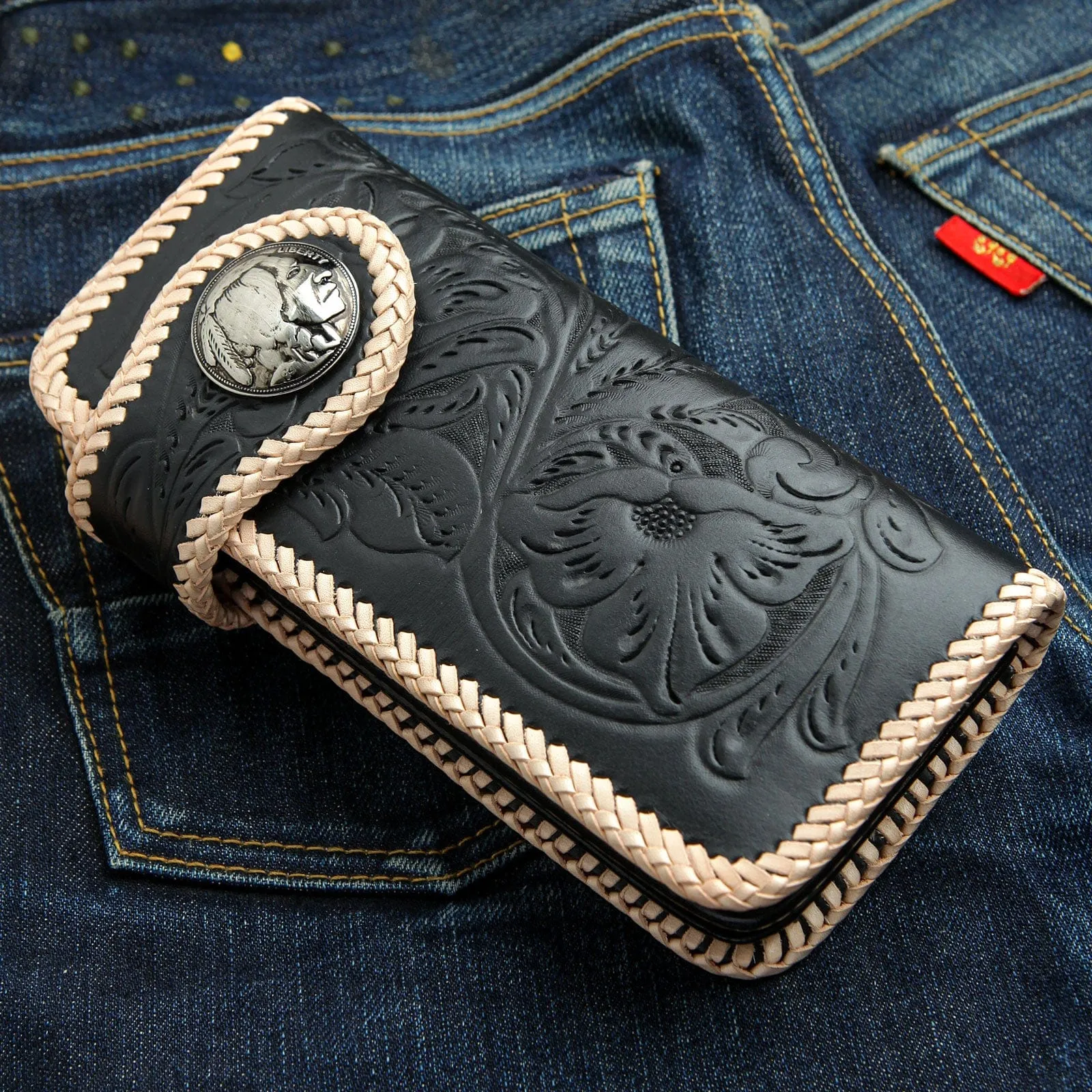 Genuine Leather White Black Indian Snap Biker Wallet