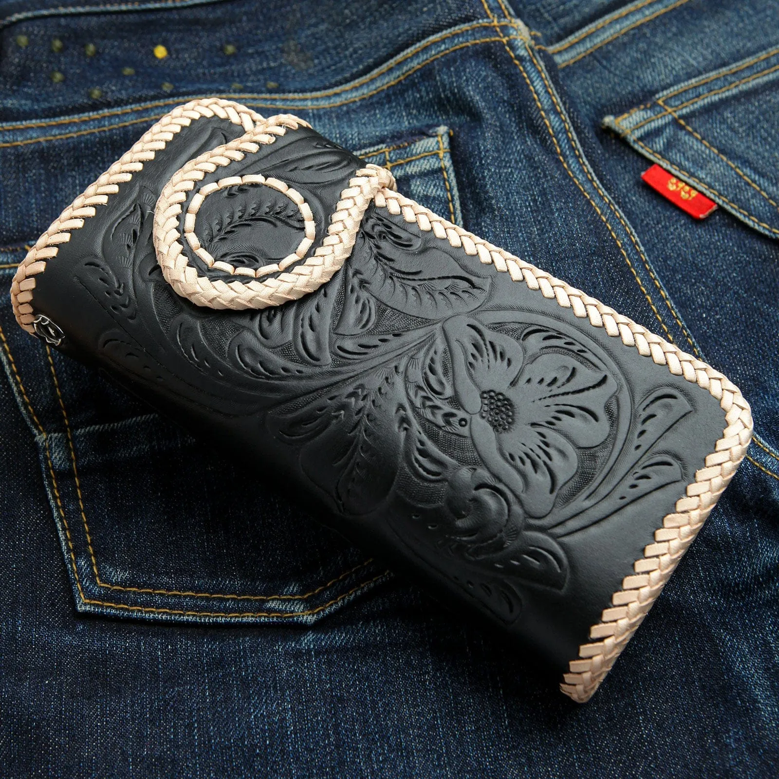 Genuine Leather White Black Indian Snap Biker Wallet