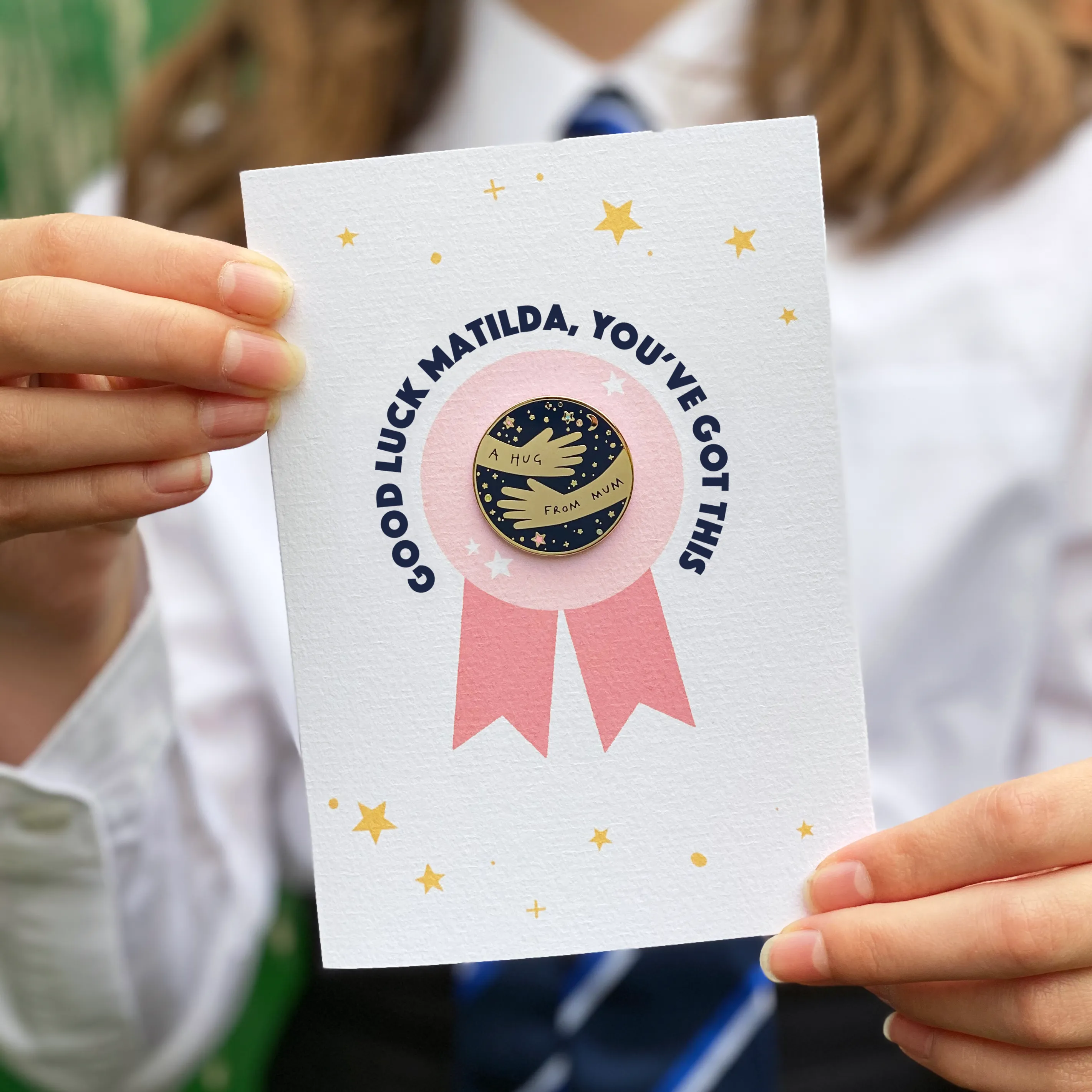 Good Luck 'A Hug From' Pin Badge Card