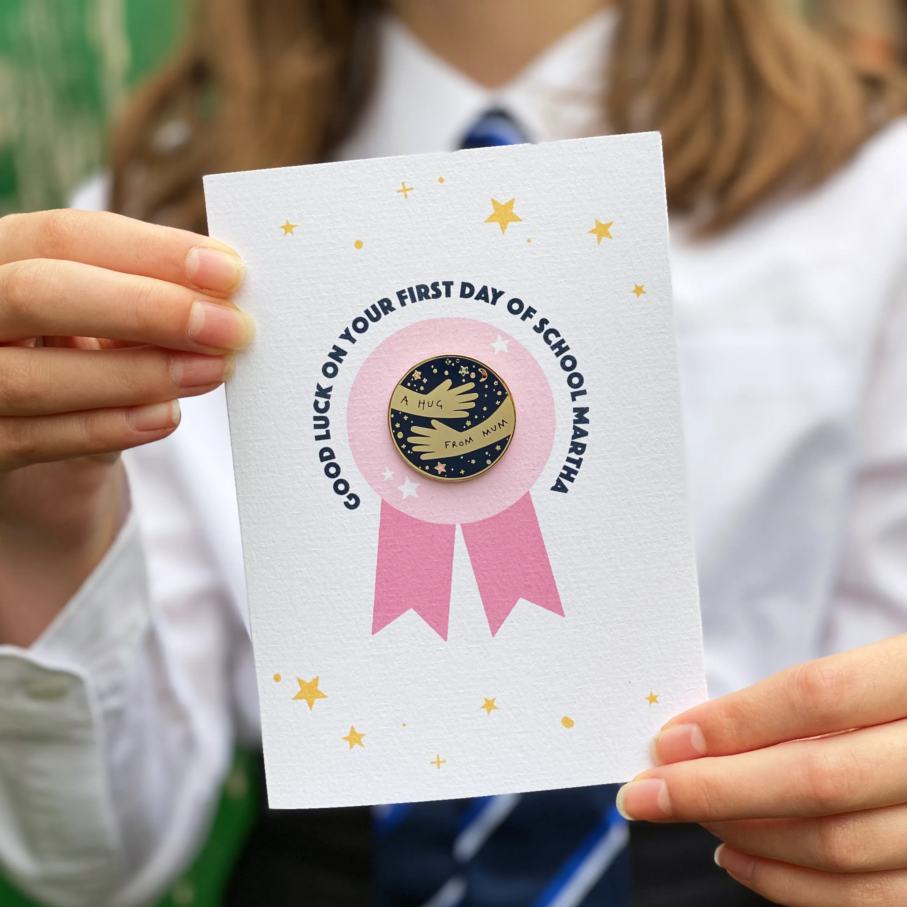 Good Luck At School 'A Hug From' Pin Badge Card