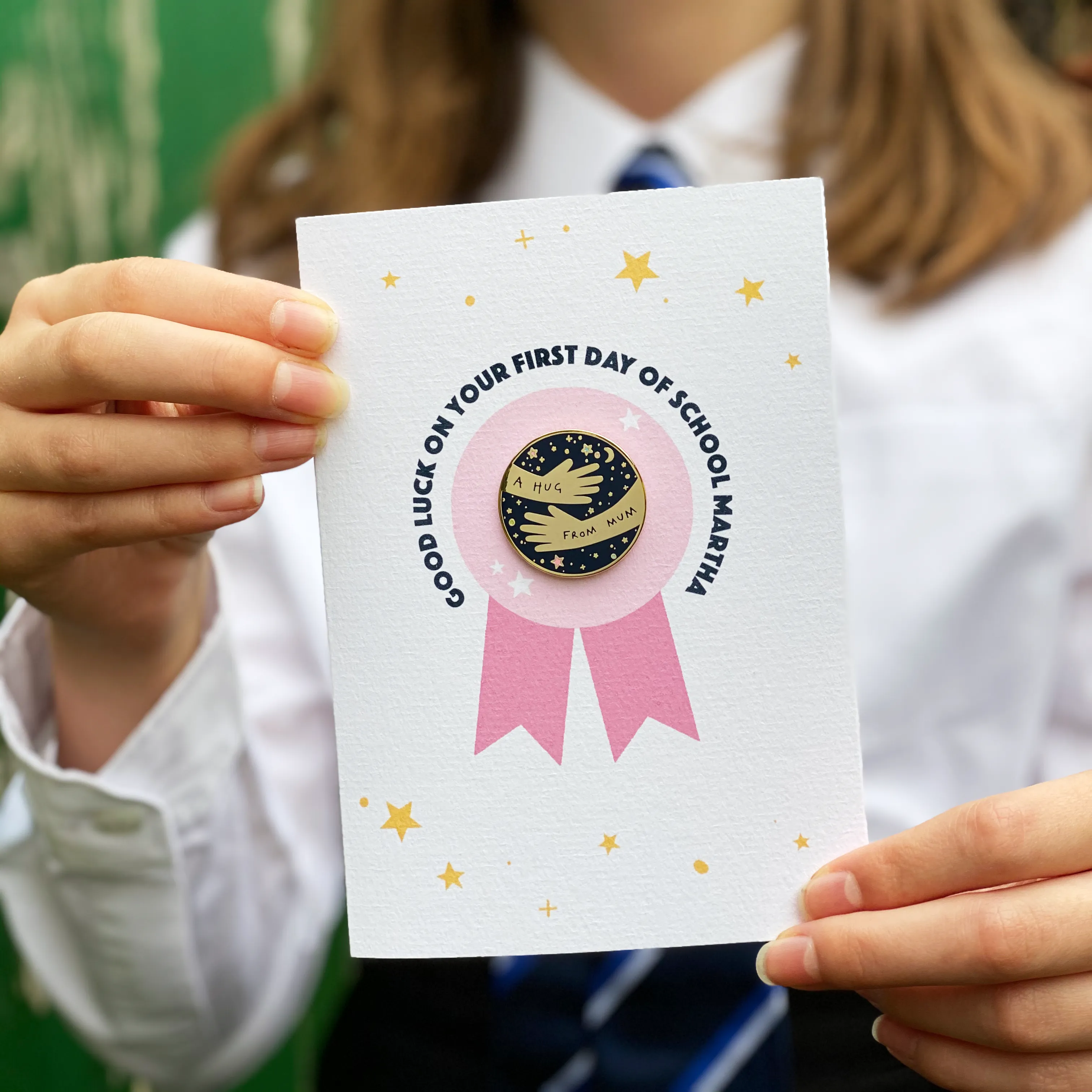 Good Luck At School 'A Hug From' Pin Badge Card