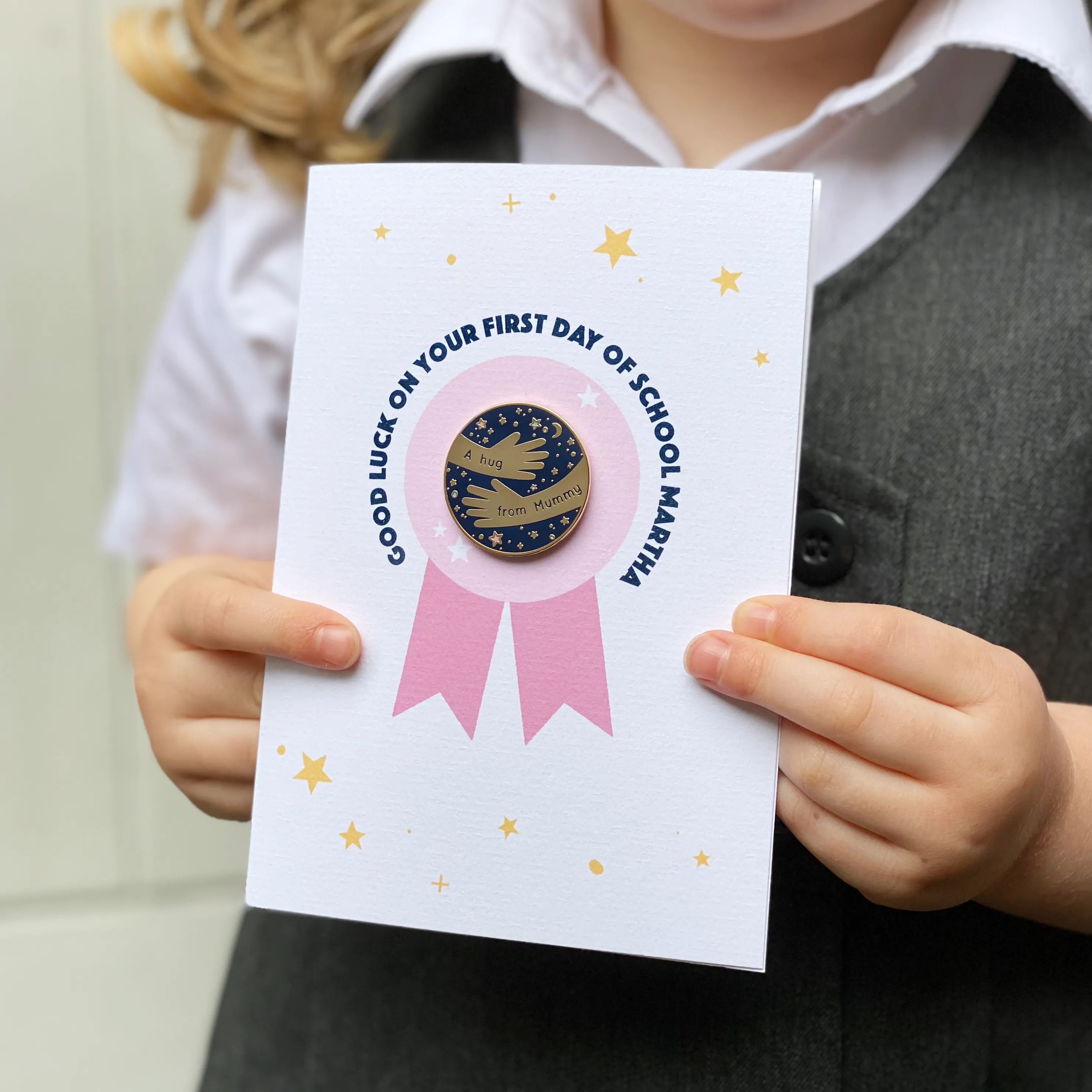 Good Luck At School 'A Hug From' Pin Badge Card
