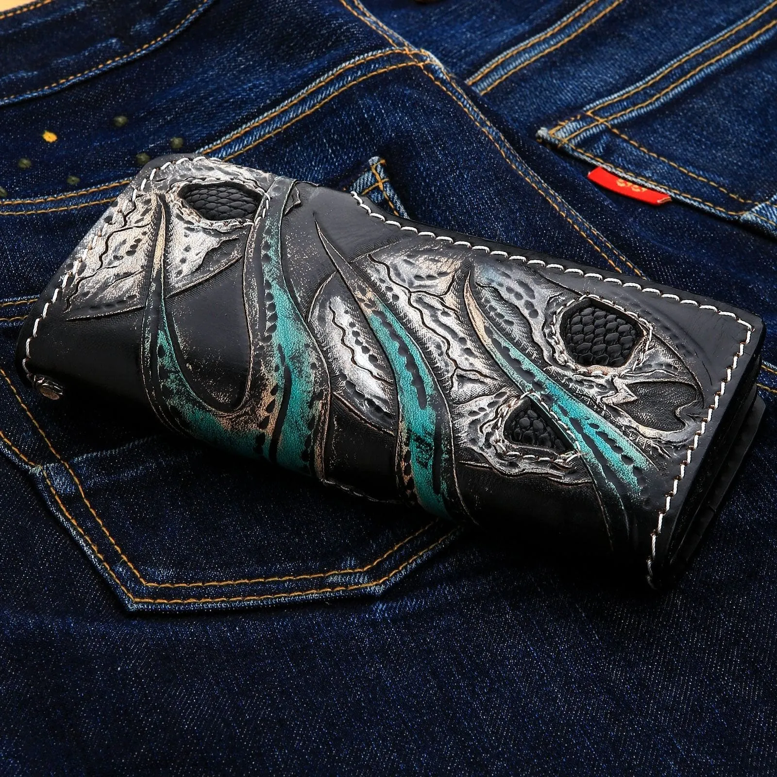 Green Devil Lizard Leather Biker Wallet