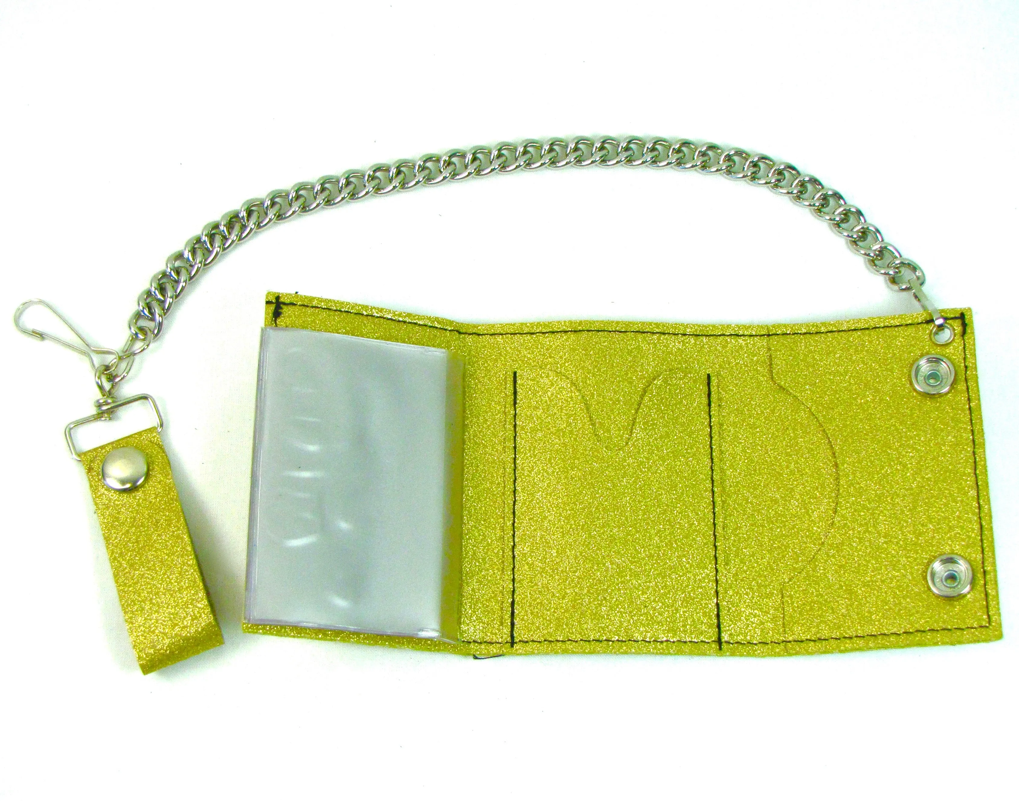 GT304-GO  Glitter Tri-Fold Wallet w/ Chain- Gold