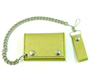 GT304-GO  Glitter Tri-Fold Wallet w/ Chain- Gold