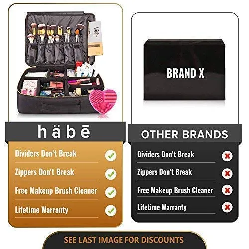 habe Extra Large Travel Makeup Bag - Crack-Proof Dividers – Ultra Big Professional Organizer Train Case Makeup Artists Bags for Women and Cosmetic Organizers Storage Box Cases (XL, Black, 16x12x5 in)
