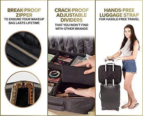 habe Extra Large Travel Makeup Bag - Crack-Proof Dividers – Ultra Big Professional Organizer Train Case Makeup Artists Bags for Women and Cosmetic Organizers Storage Box Cases (XL, Black, 16x12x5 in)