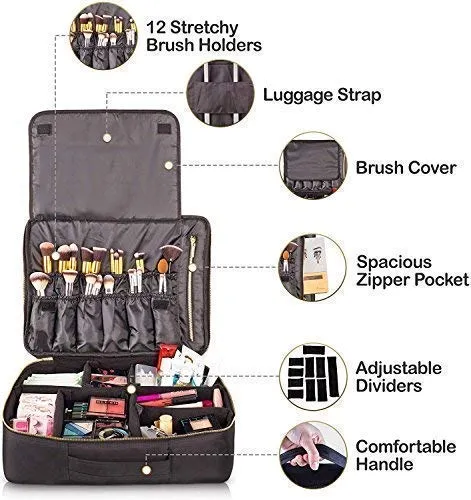 habe Extra Large Travel Makeup Bag - Crack-Proof Dividers – Ultra Big Professional Organizer Train Case Makeup Artists Bags for Women and Cosmetic Organizers Storage Box Cases (XL, Black, 16x12x5 in)