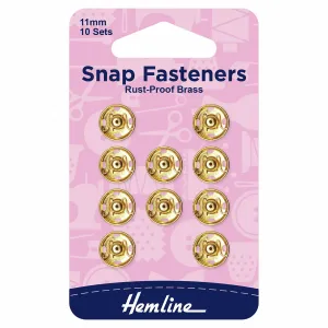 Hemline Snap Fasteners: Sew-on: Gold: 11mm: Pack of 10