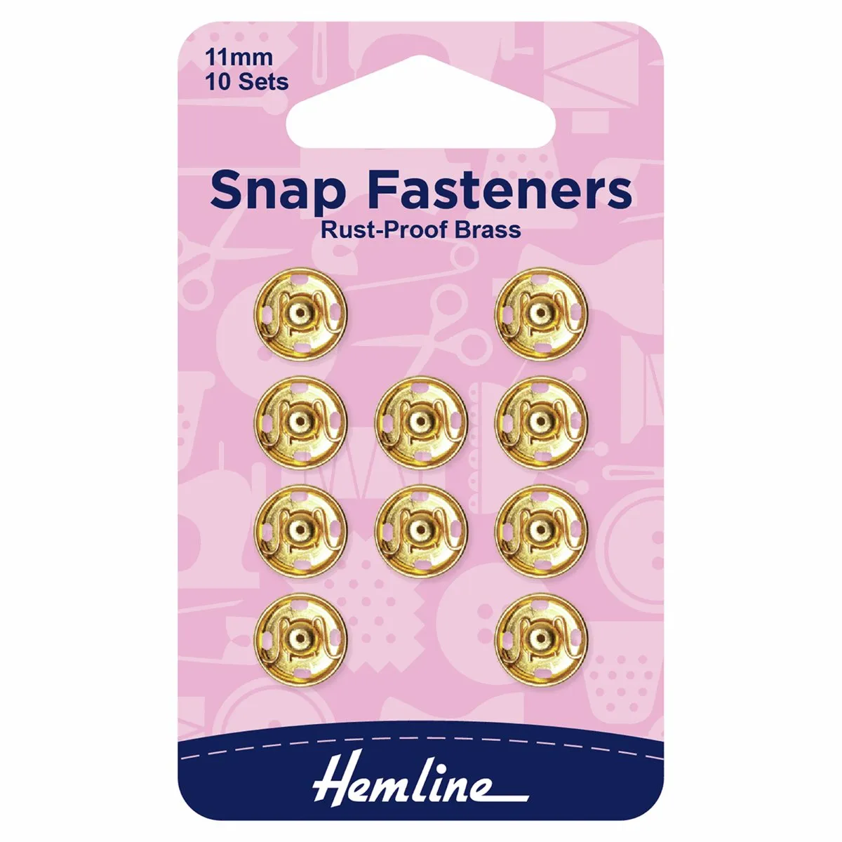 Hemline Snap Fasteners: Sew-on: Gold: 11mm: Pack of 10