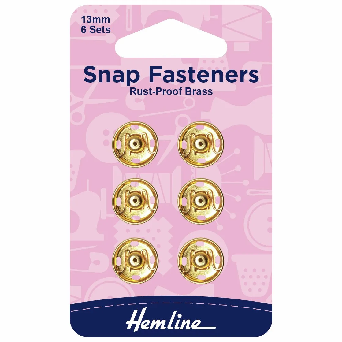 Hemline Snap Fasteners: Sew-on: Gold: 13mm: Pack of 6