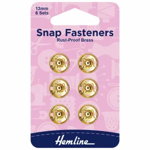 Hemline Snap Fasteners: Sew-on: Gold: 13mm: Pack of 6