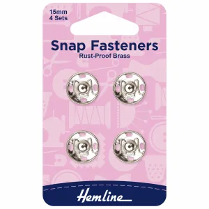 Hemline Snap Fasteners: Sew-on: Nickel: 15mm: Pack of 4