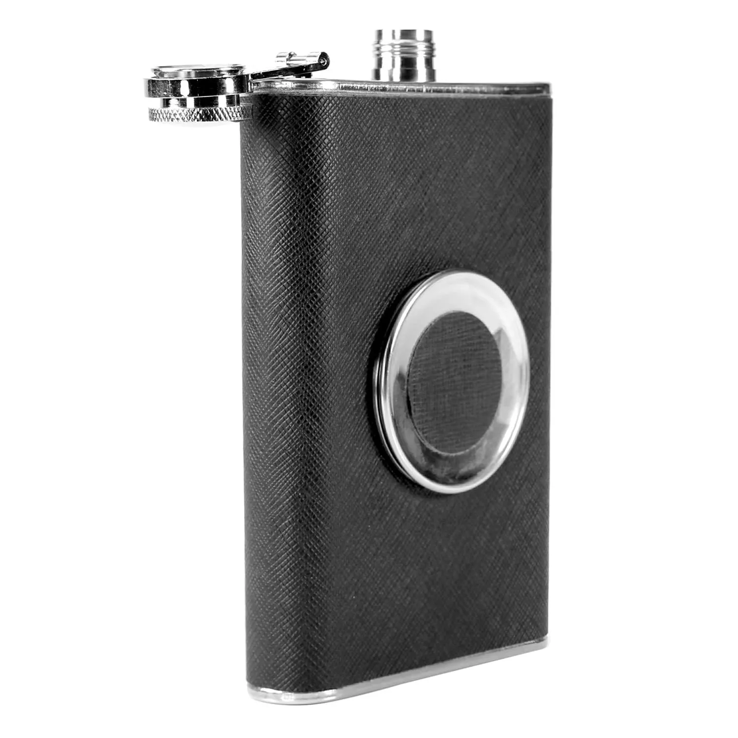 Hip Flask in Stainless Steel & Faux Leather with Built-in Collapsible 2 oz Cup -  8oz