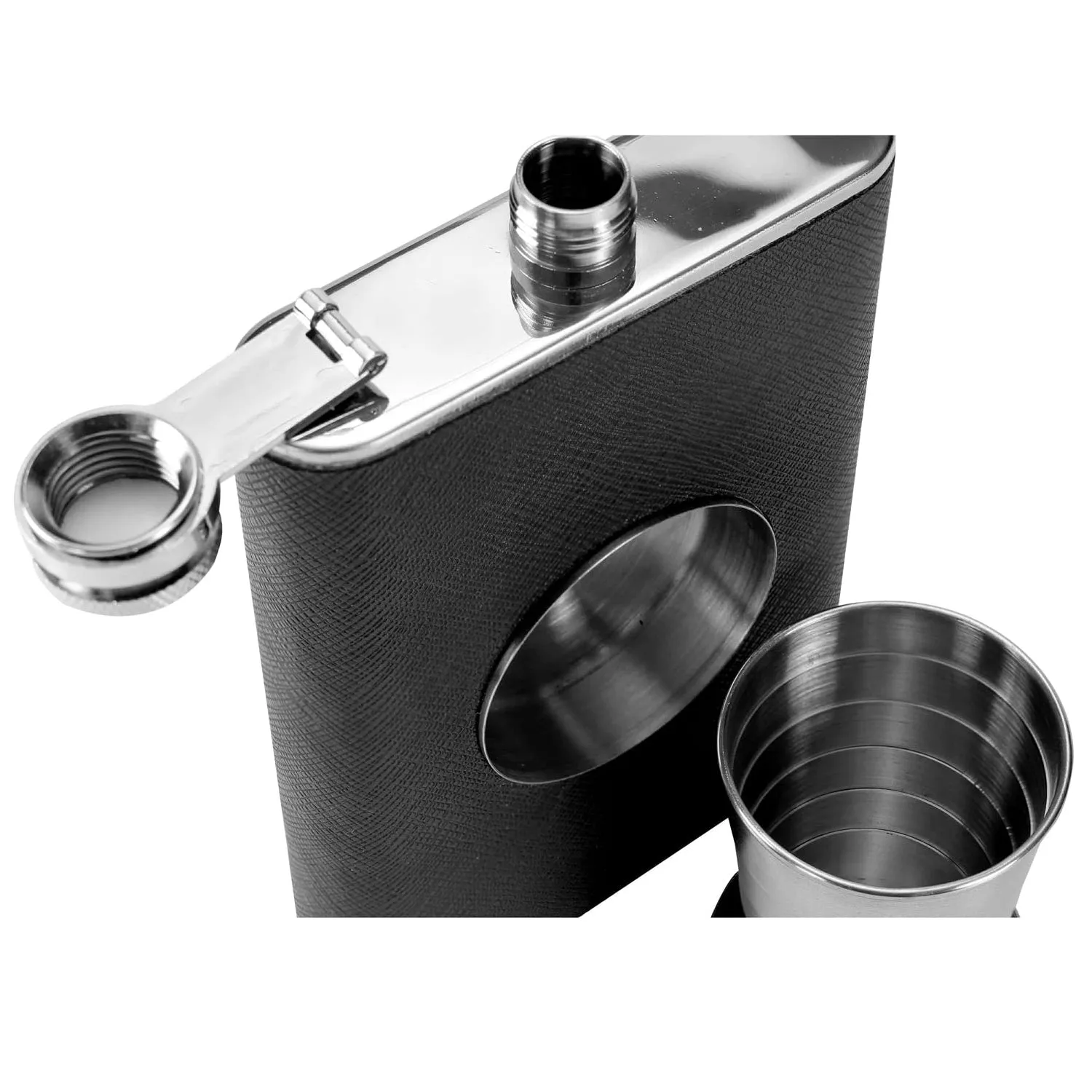Hip Flask in Stainless Steel & Faux Leather with Built-in Collapsible 2 oz Cup -  8oz
