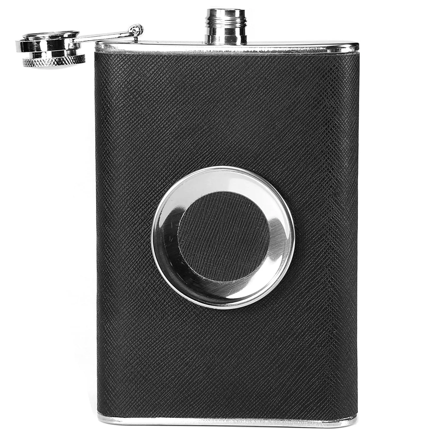 Hip Flask in Stainless Steel & Faux Leather with Built-in Collapsible 2 oz Cup -  8oz