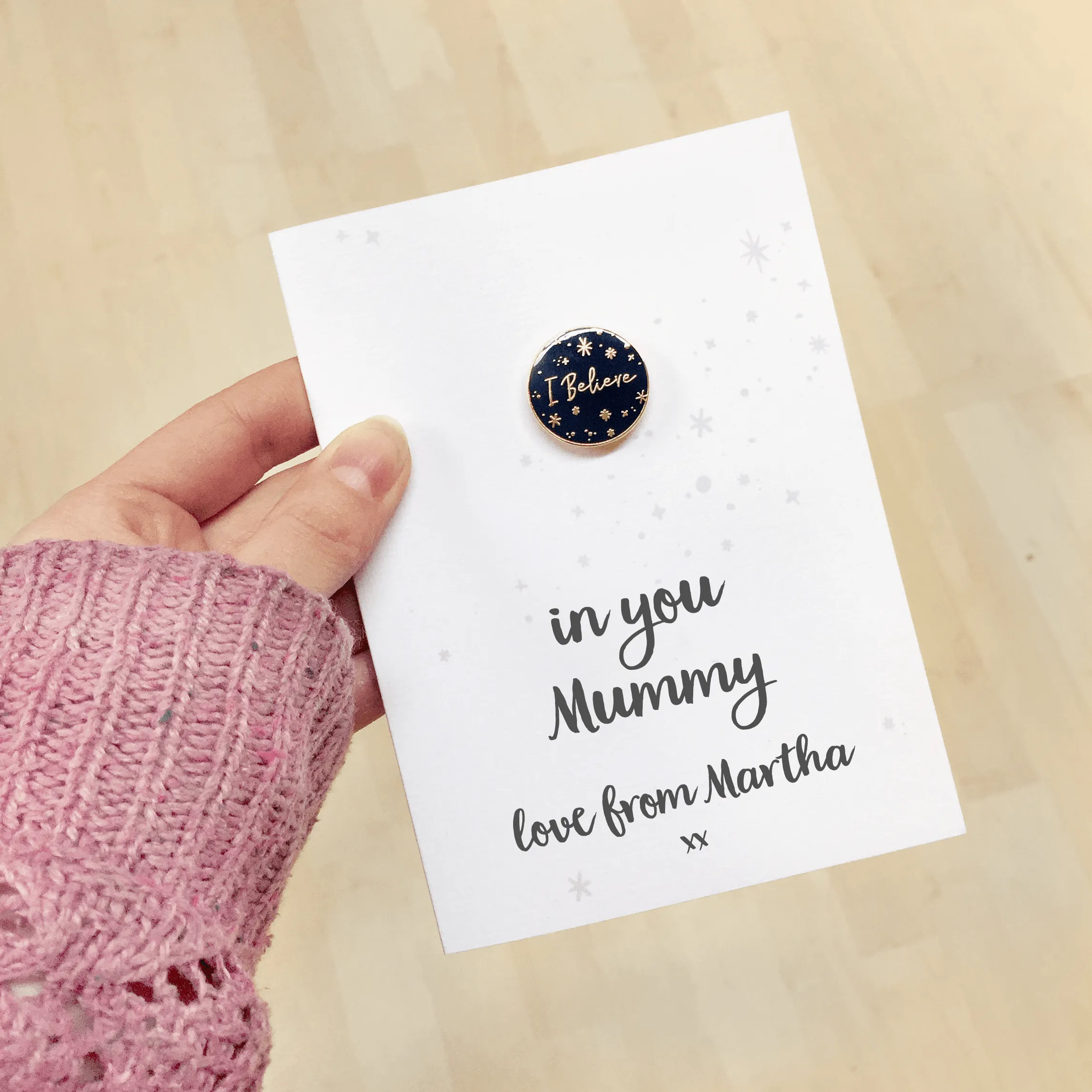 I Believe In Mummy Personalised Enamel Pin Card