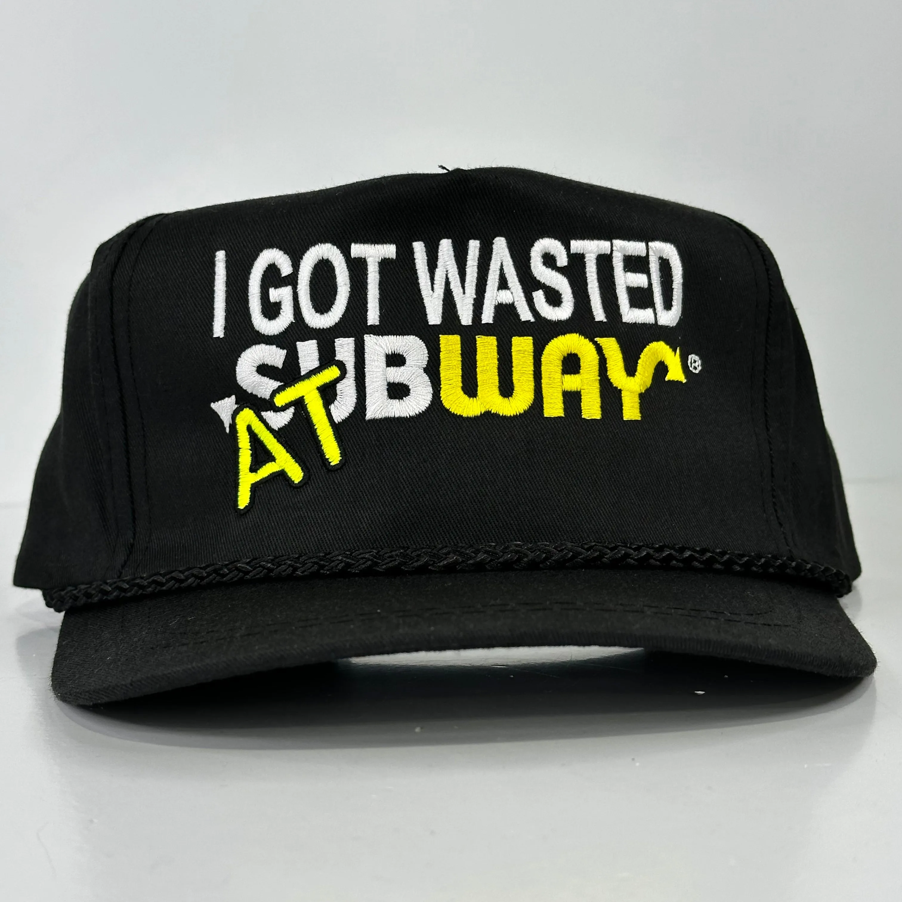 I GOT WASTED AT Subway Vintage Rope Black Mid Crown Strapback Cap Hat Added Custom Embroidery