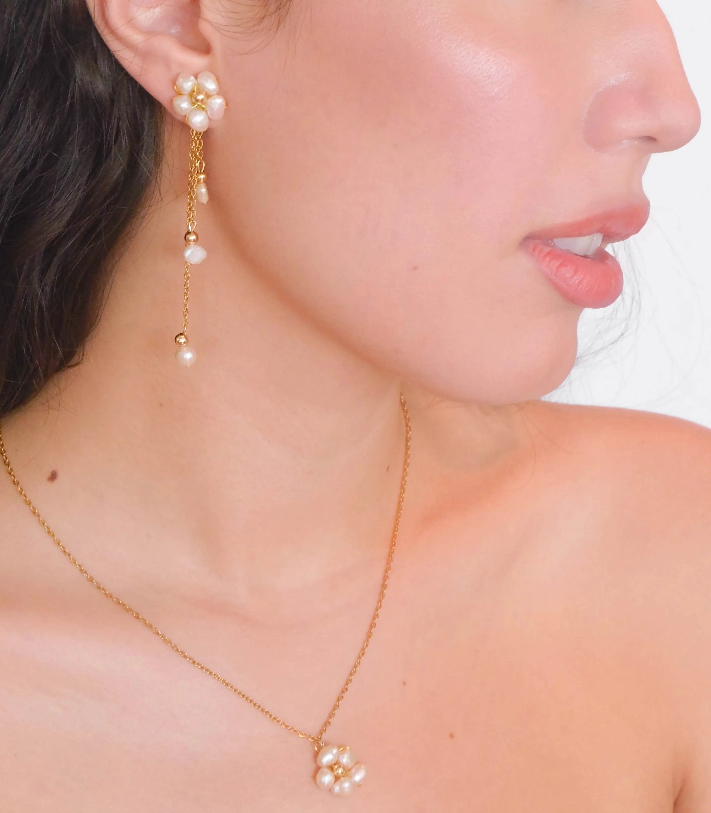 Kalachuchi Long Drop Pearl Earrings (Two-Way)