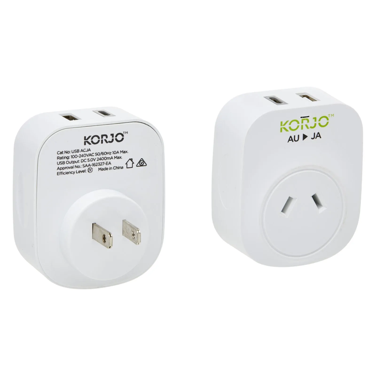 Korjo Travel Adaptor USB Port A and C Australia to Japan