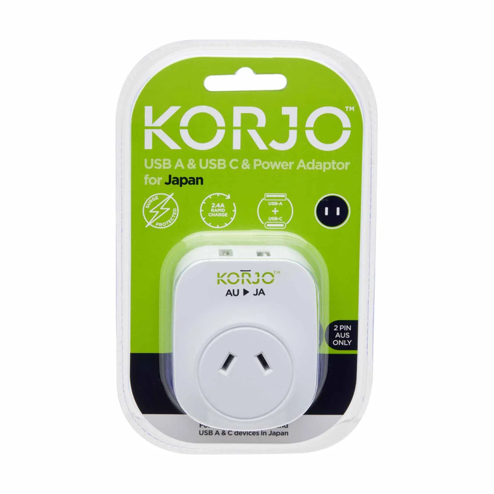 Korjo Travel Adaptor USB Port A and C Australia to Japan