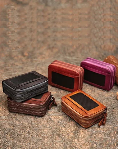 Leather Zipper Card Wallets Red Cute Small Women Double Zip Card Wallet For Ladies