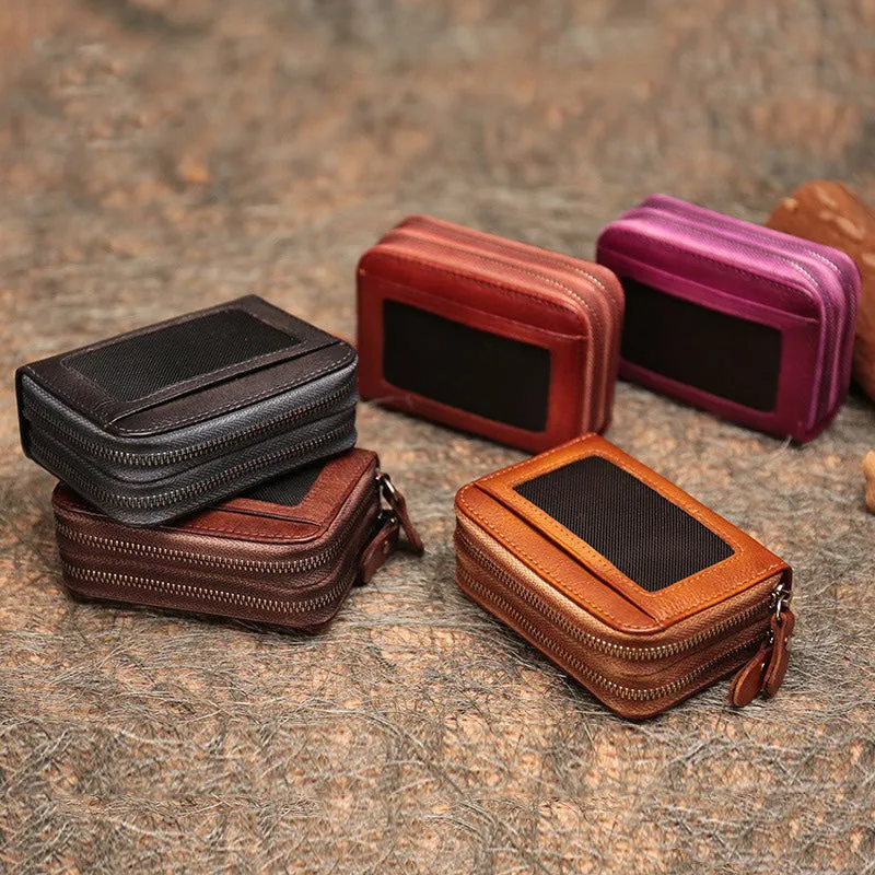 Leather Zipper Card Wallets Red Cute Small Women Double Zip Card Wallet For Ladies