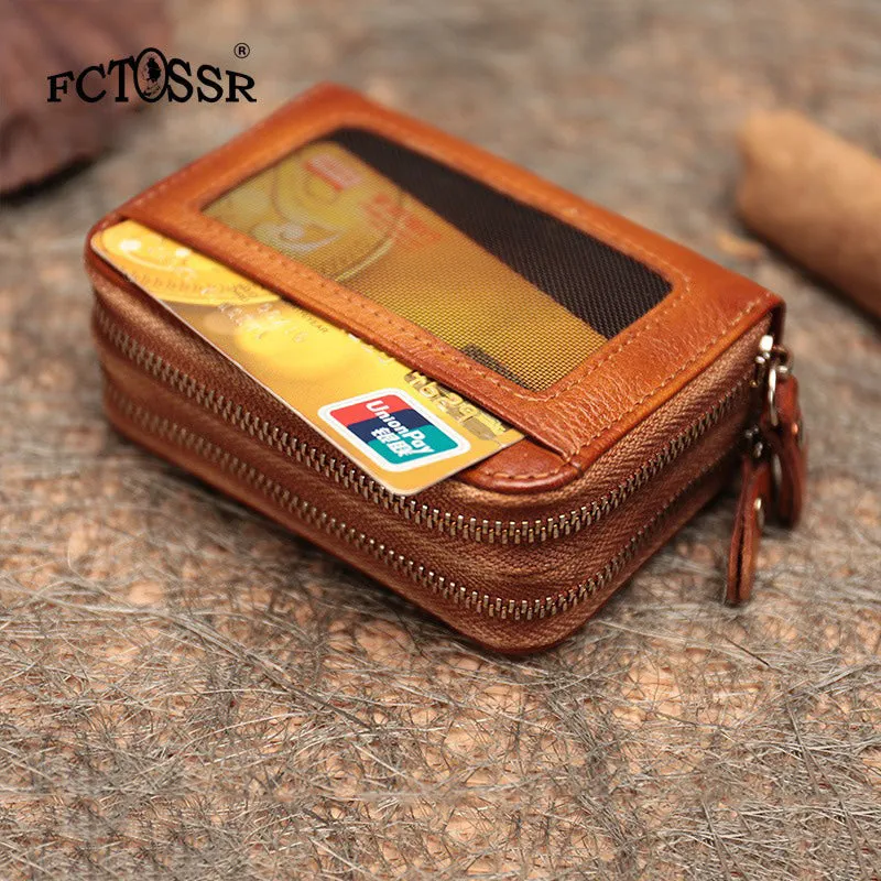 Leather Zipper Card Wallets Red Cute Small Women Double Zip Card Wallet For Ladies