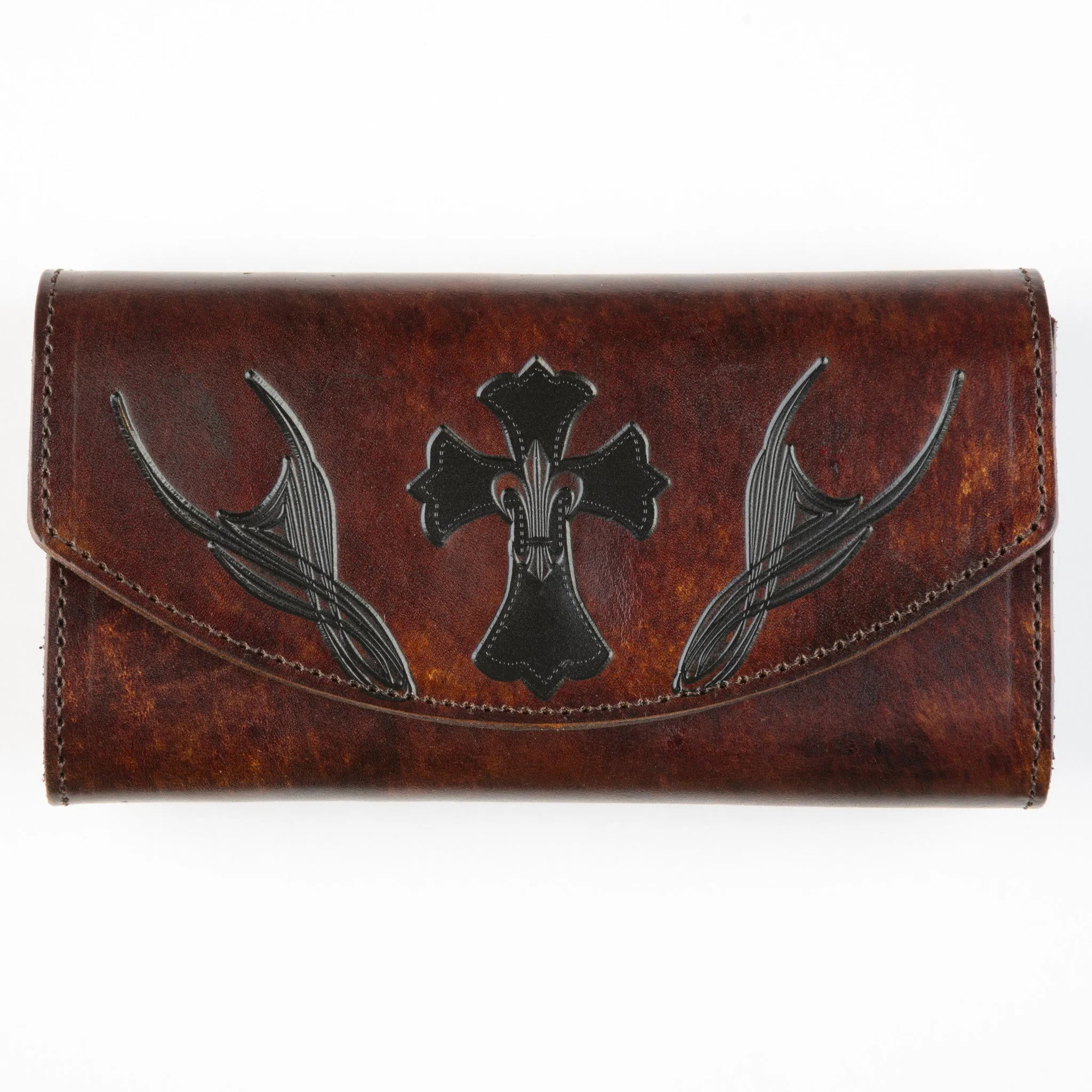 LO702A-198  Antique Finish Ladies Organizer Wallet- Cross w/ Fleur De Lys