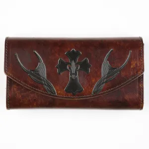 LO702A-198  Antique Finish Ladies Organizer Wallet- Cross w/ Fleur De Lys