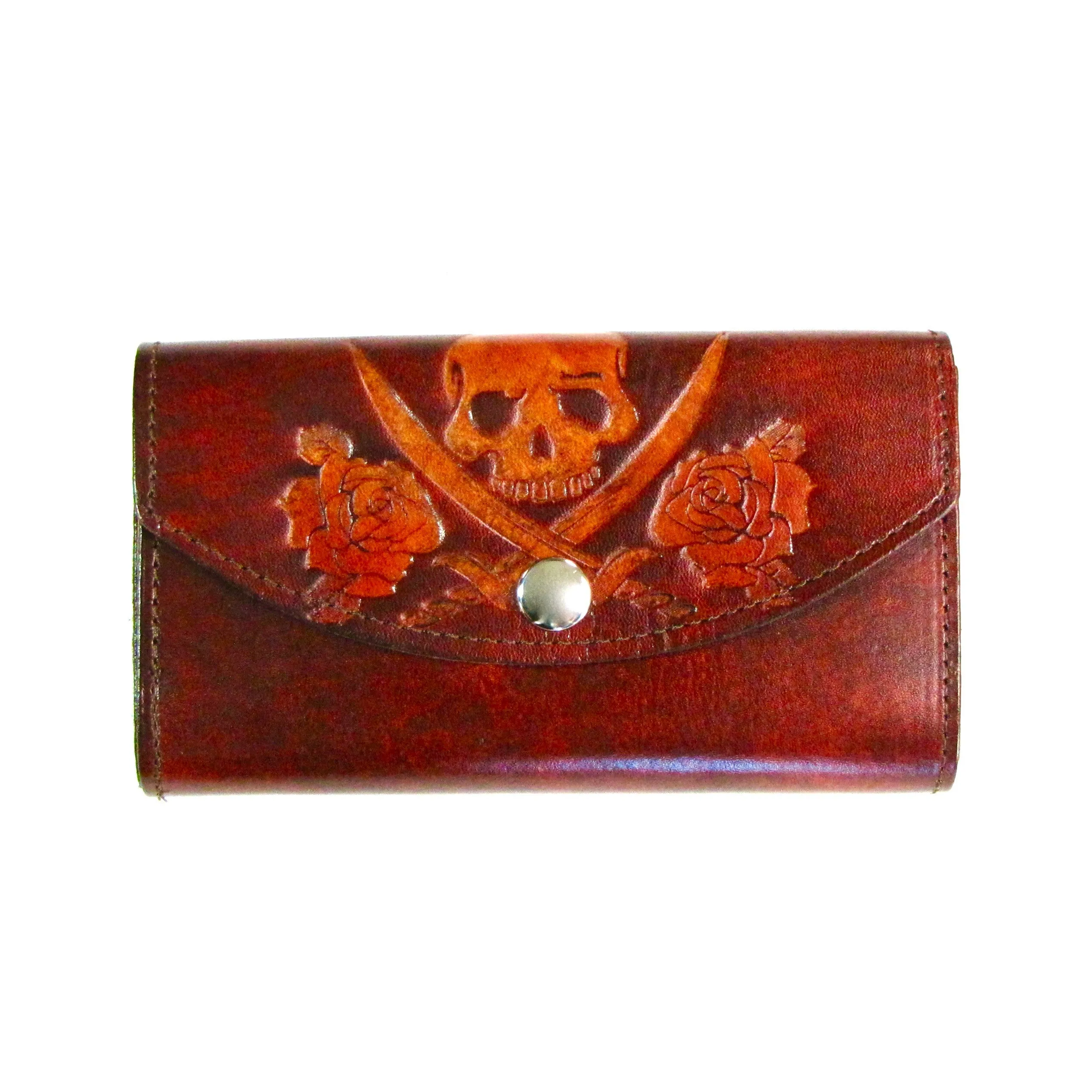 LO702A-217  Antique Finish Ladies Organizer Wallet- Jolly Roger w/ Roses