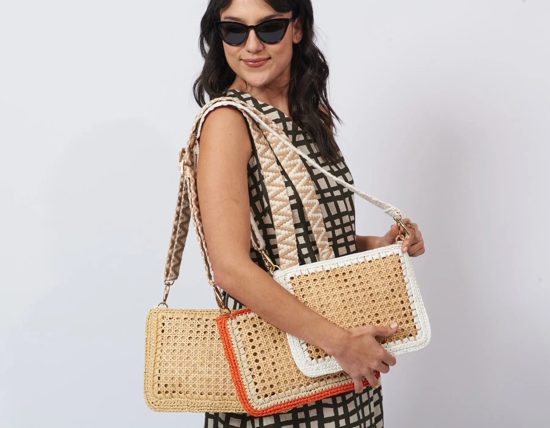 Luisa Rattan and Raffia Crossbody Bag white