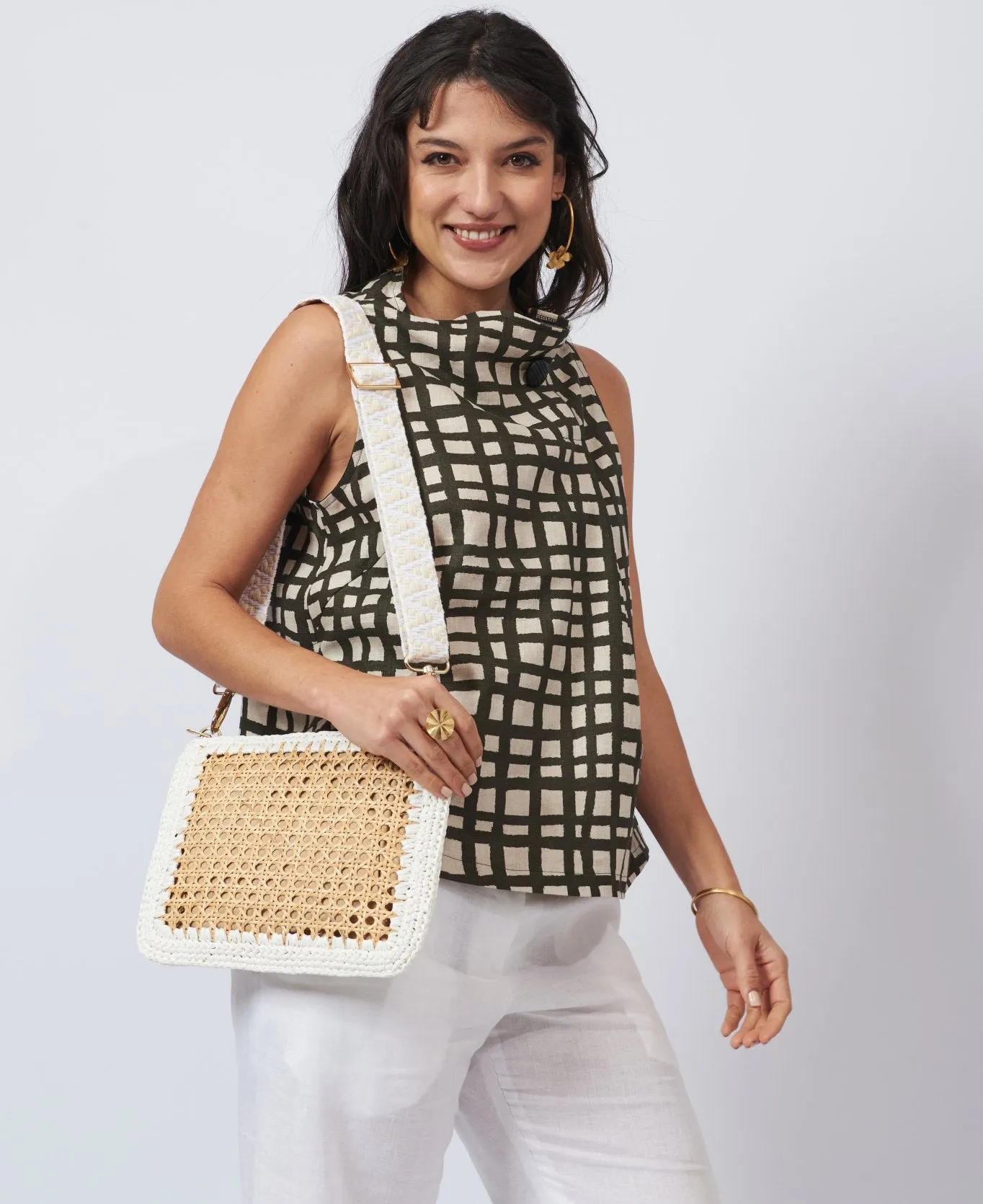 Luisa Rattan and Raffia Crossbody Bag white