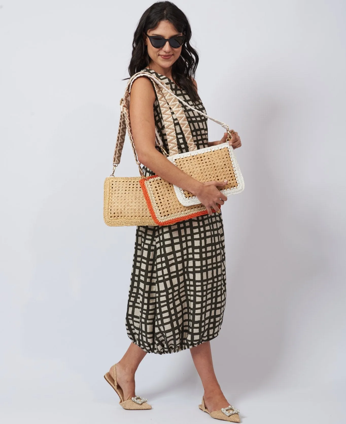 Luisa Rattan and Raffia Crossbody Bag white