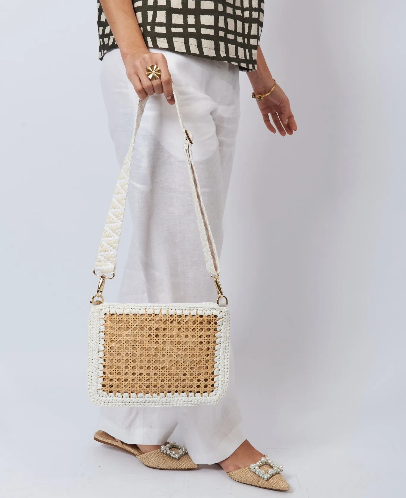 Luisa Rattan and Raffia Crossbody Bag white