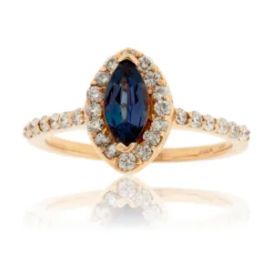 Marquise-Shape Alexandrite & Diamond Halo Diamond Shank Ring