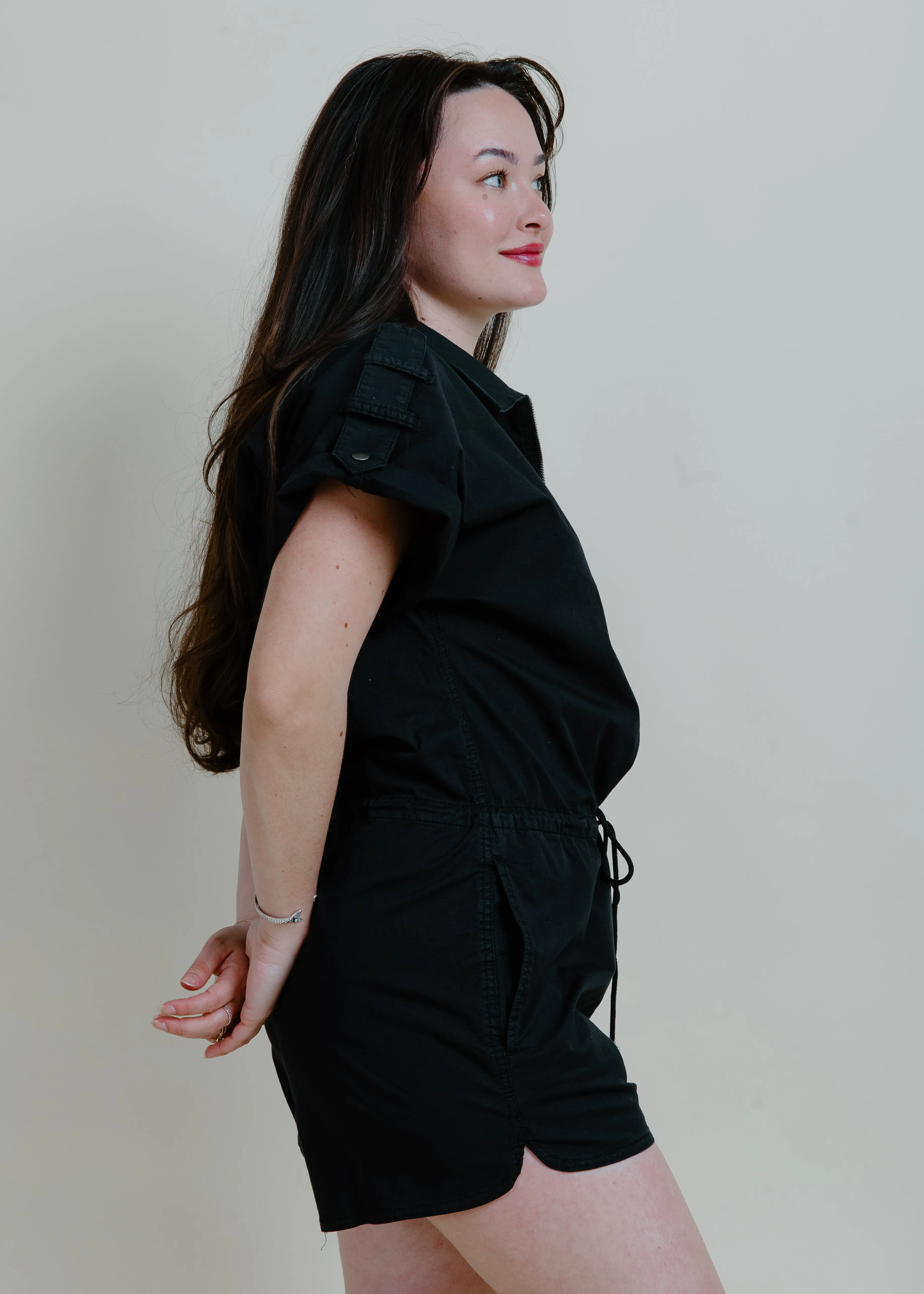 Meg Zip Front Romper - Fade To Black