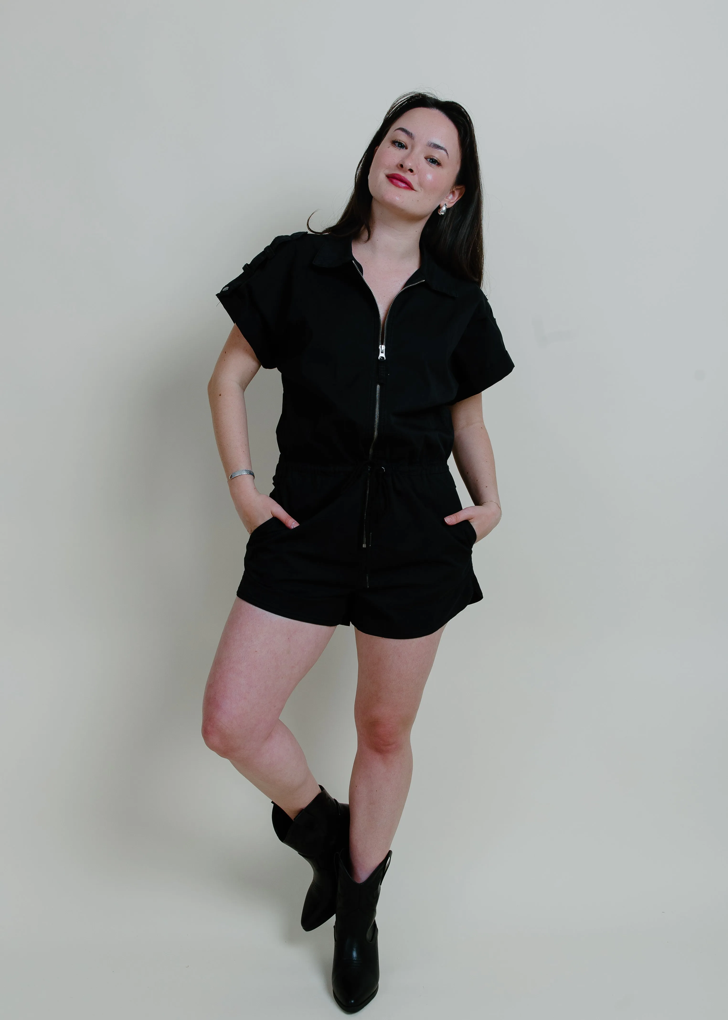 Meg Zip Front Romper - Fade To Black