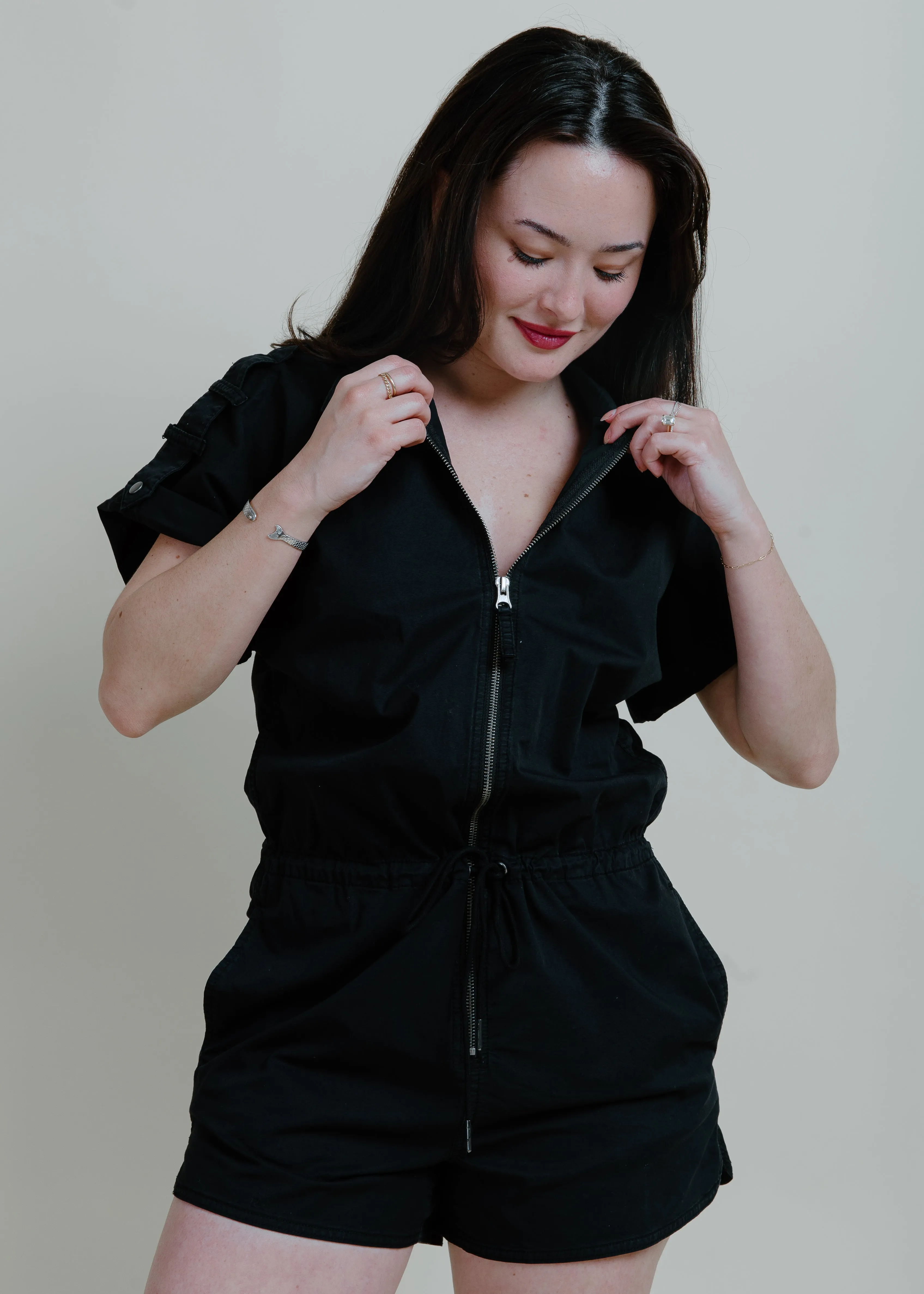 Meg Zip Front Romper - Fade To Black