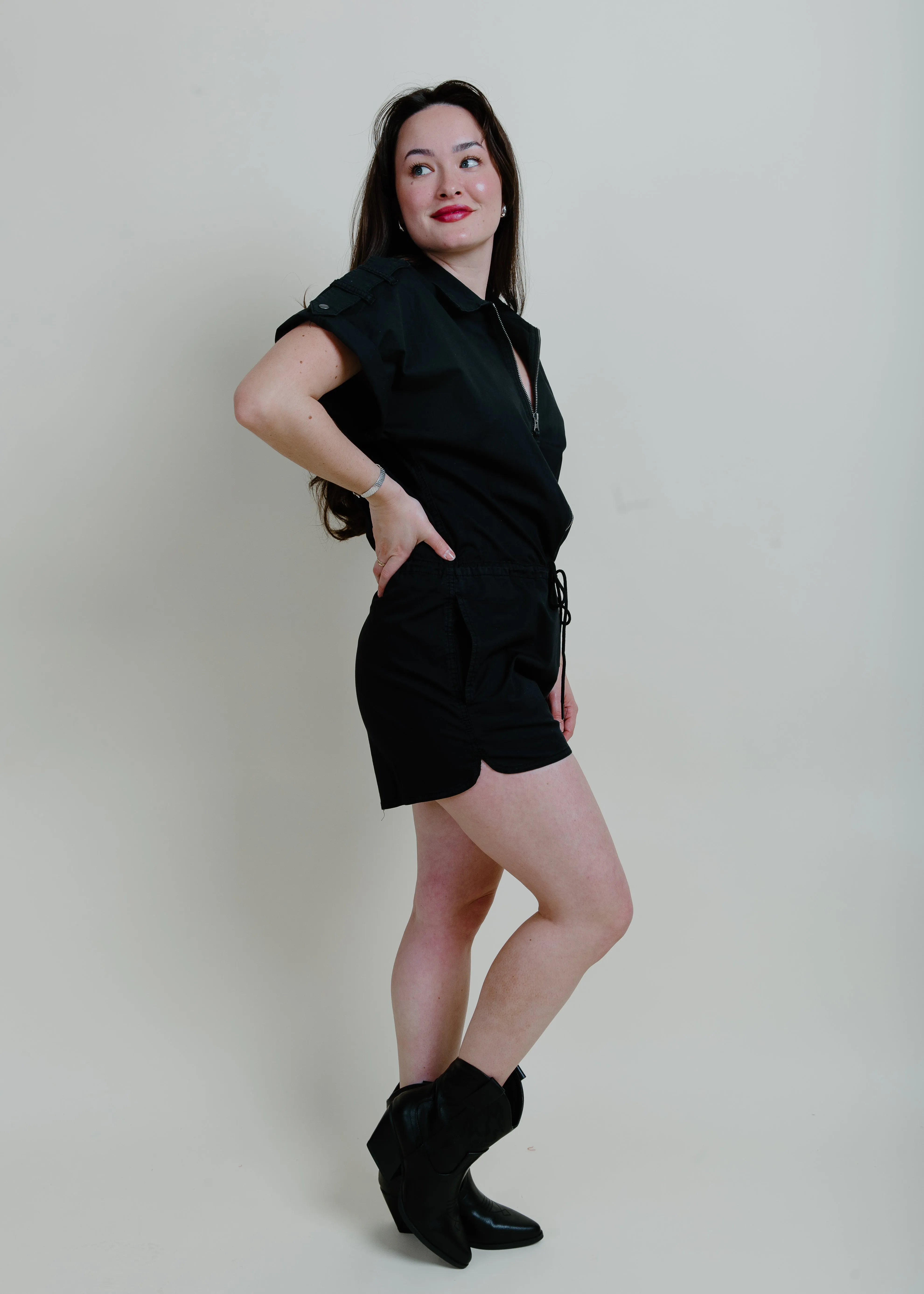 Meg Zip Front Romper - Fade To Black