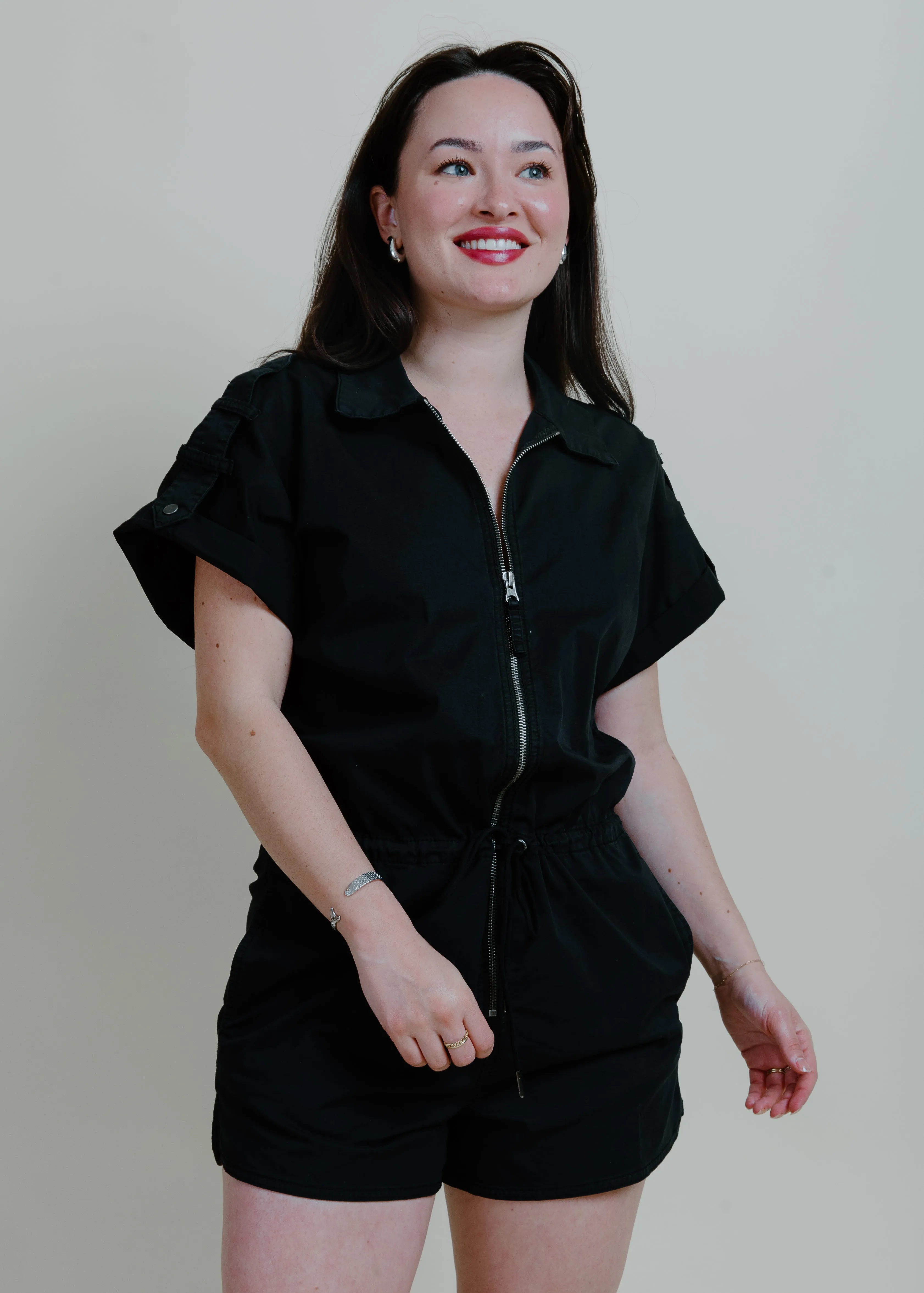 Meg Zip Front Romper - Fade To Black