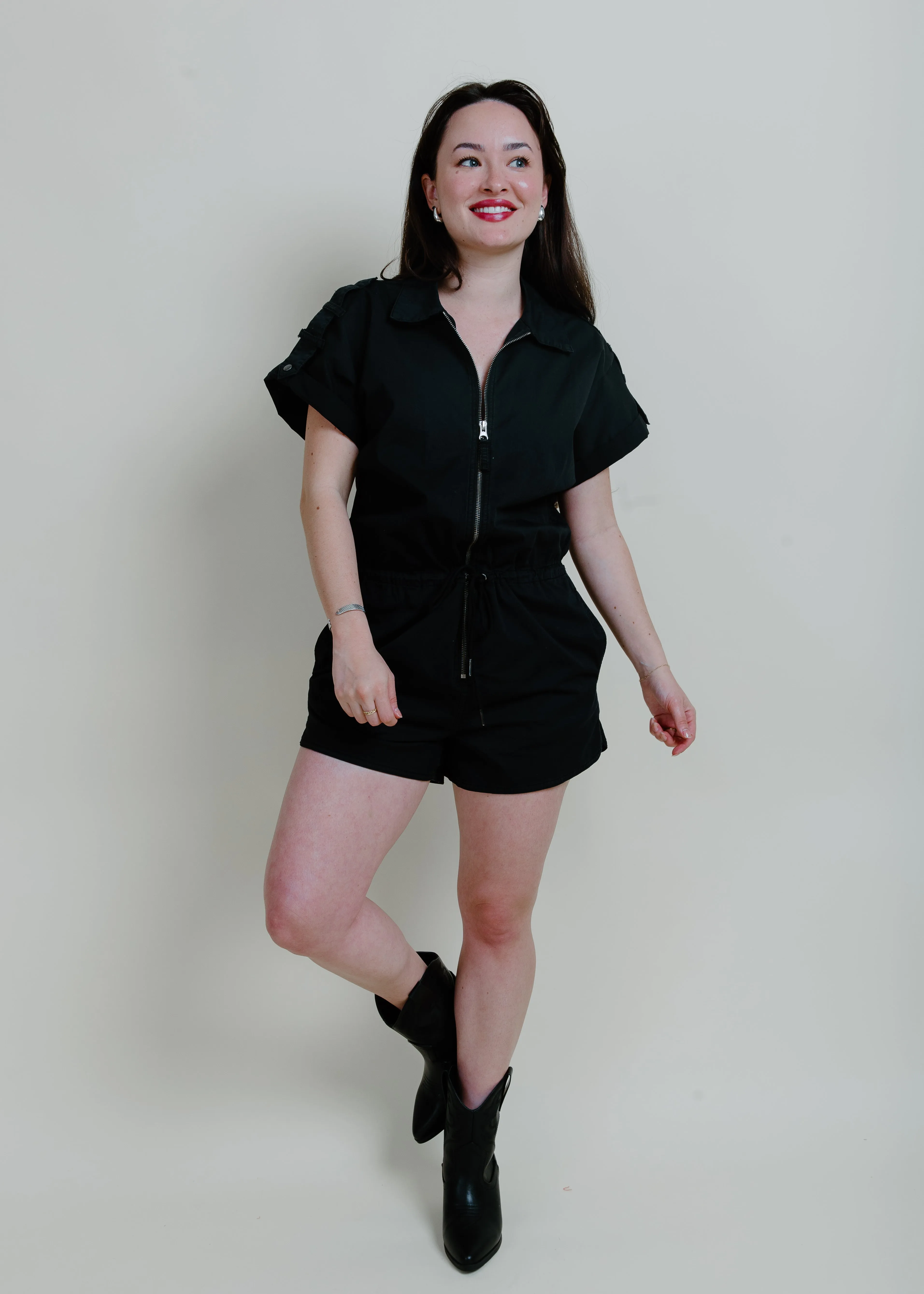 Meg Zip Front Romper - Fade To Black